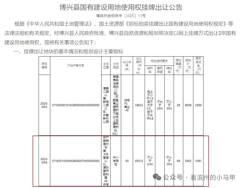 “胜利第46中学”土地将挂牌出让

2025年11月11日，山东滨州市博兴县一则