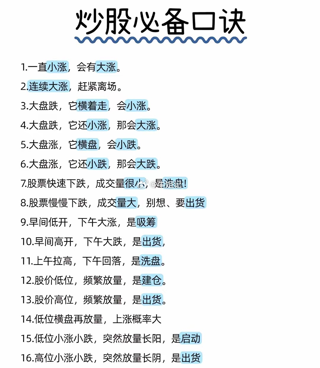 炒股不靠感觉，靠口诀！这16条实战口诀，把量价关系、主力动作、市场信号全说透了：