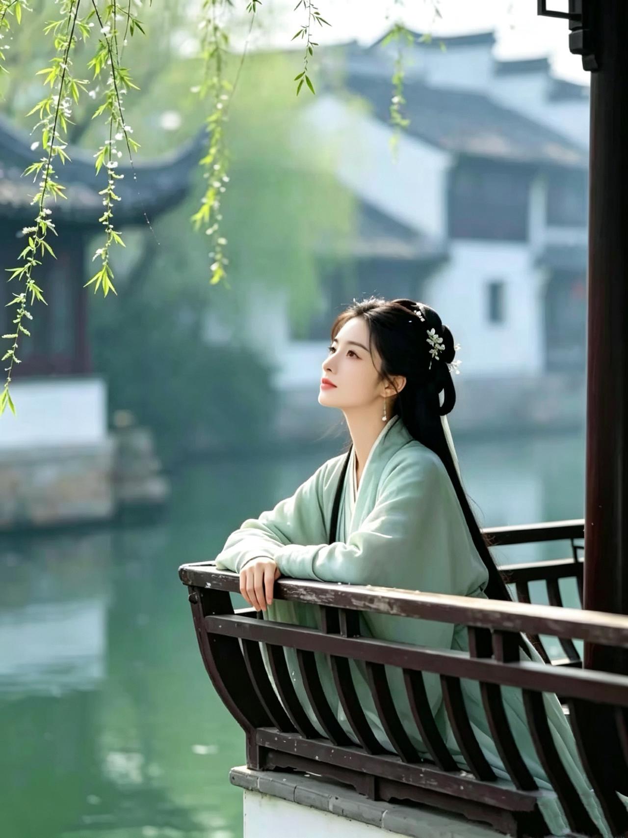 春韵庭望
粉雾萦枝落日柔，
香风绕鬓惹清愁。
轻拈花影惊飞鸟，
静立芳丛盼归舟。