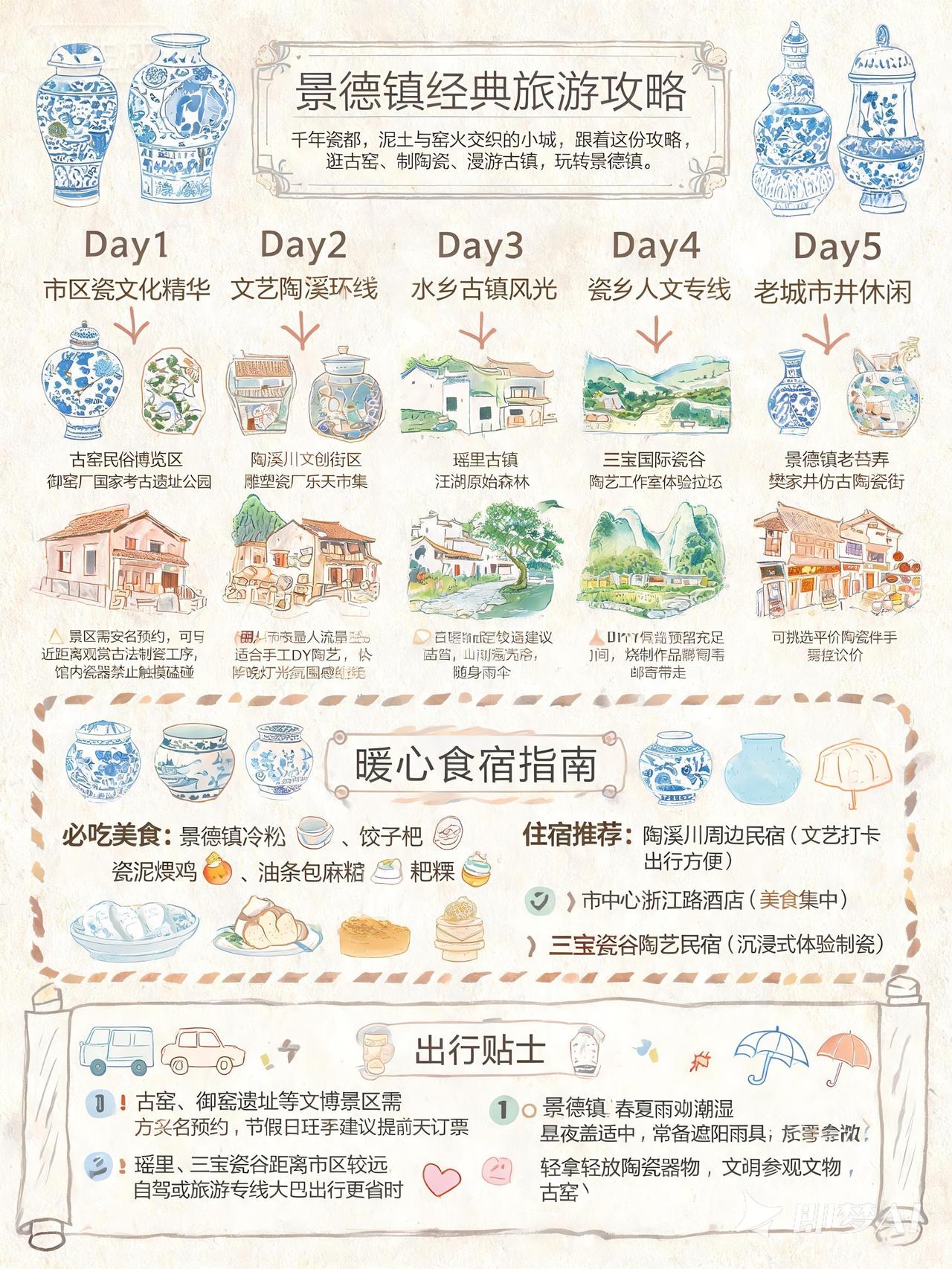 想去江西旅游怎么玩?

江西景德镇经典旅游攻略信息图：

Day1 市区瓷文化精