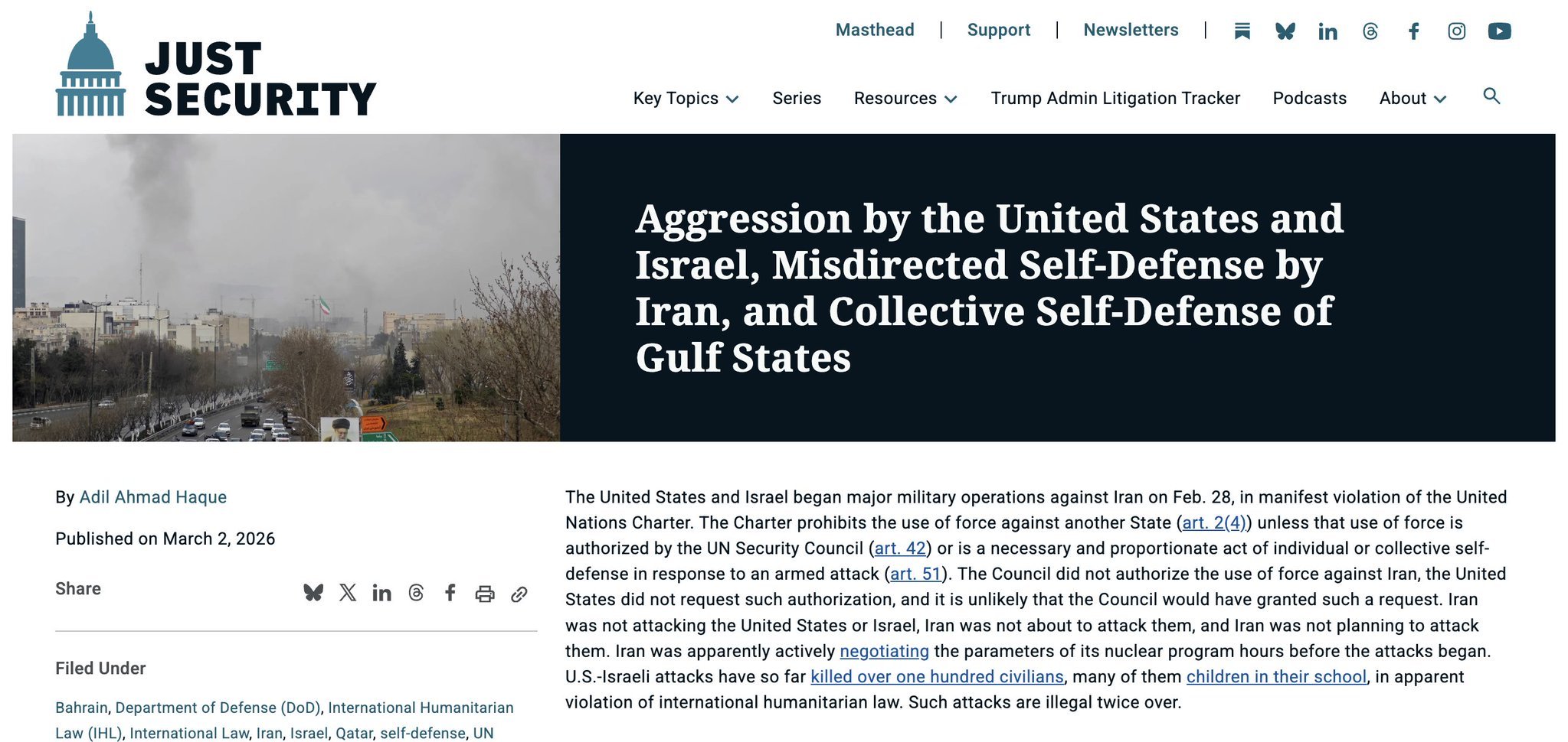 美国未经国会授权空袭伊朗¹ 这个国际法教授气得摇头，他说：事实判定很简单，-美以