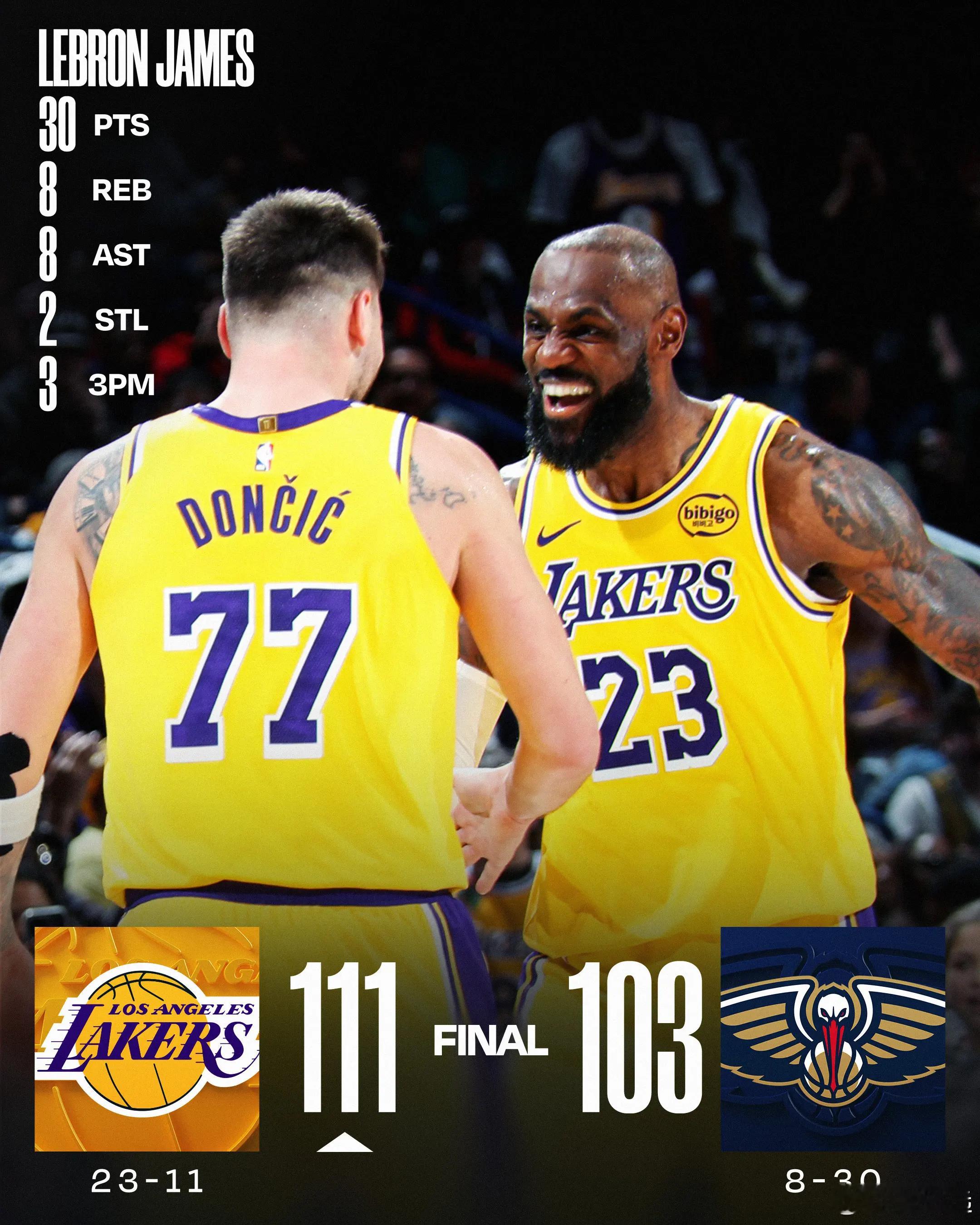 詹东各砍30分墨菲空砍42分 湖人力克鹈鹕北京时间1月7日，NBA常规赛，湖人1