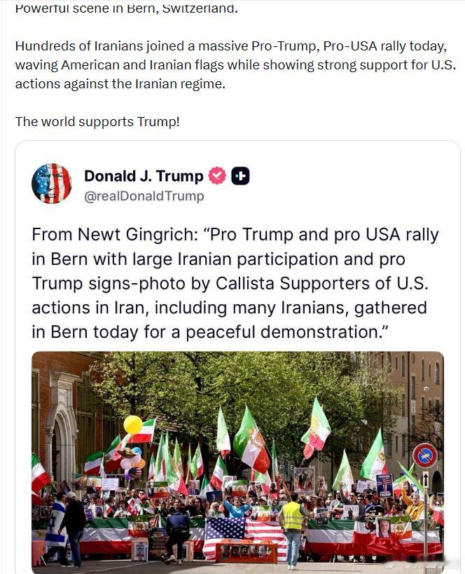 瑞士伯尔尼出现的一幕。数百名伊朗人今天参加了一场大规模的枝持特朗普、支持伊朗的集