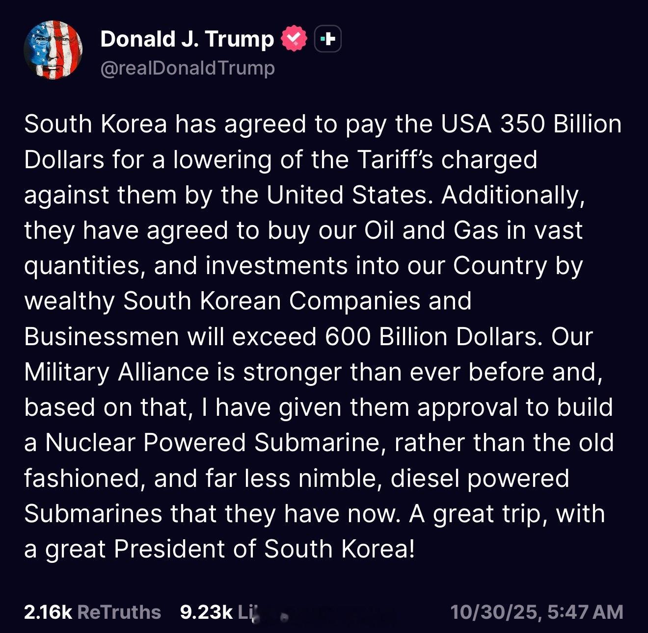 川普：“韩国同意向美国支付3500亿美元，以换取美方下调对韩征收的关税。除此之外