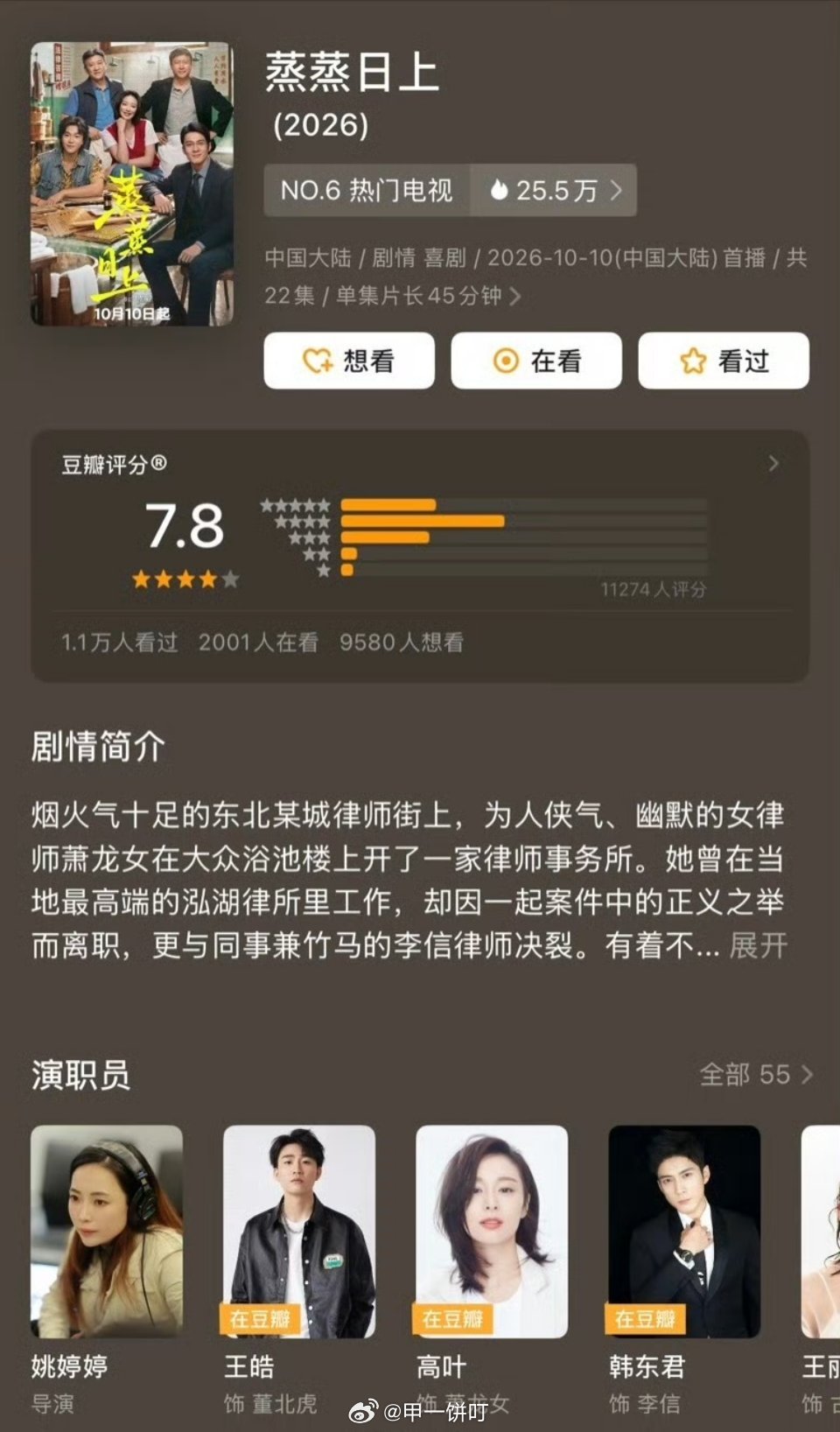 王皓、高叶、韩东君《蒸蒸日上》豆瓣开分7.8（按姓氏笔画排序） ​​​