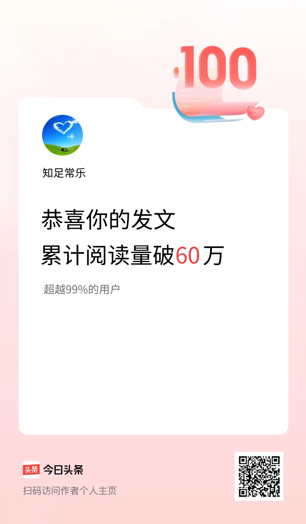 🤝我在头条累计获得阅读量破60万啦！