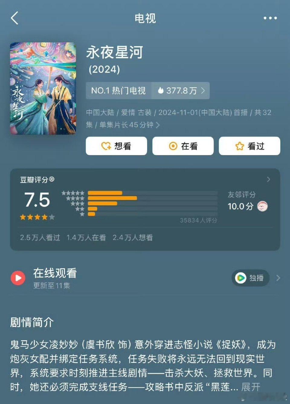 #永夜星河开分7.5#虞书欣、丁禹兮主演的#永夜星河#豆瓣开分7.5，个人感觉低
