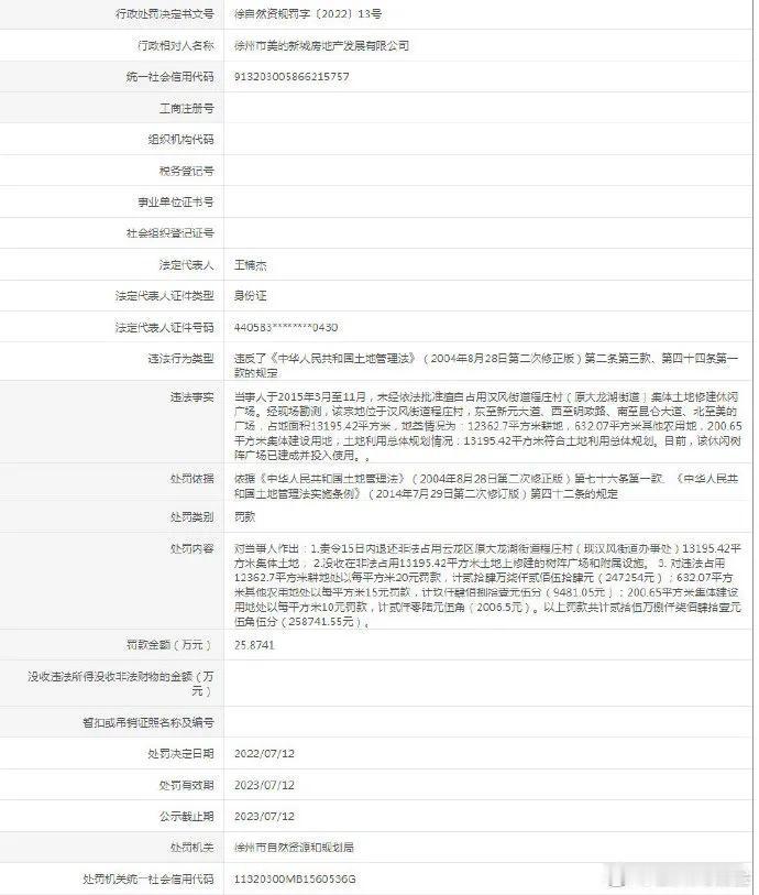 近日，徐州市美的新城房地产发展有限公司被徐州市自然资源和规划局处以25.8741