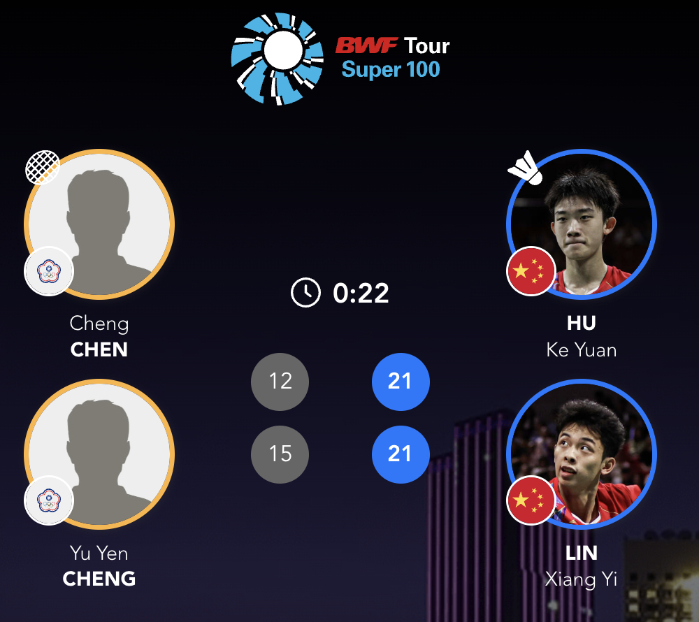 资格赛首轮：胡珂源/林祥毅🇨🇳 21-12、21-15 陈诚/郑宇晏下轮：胡
