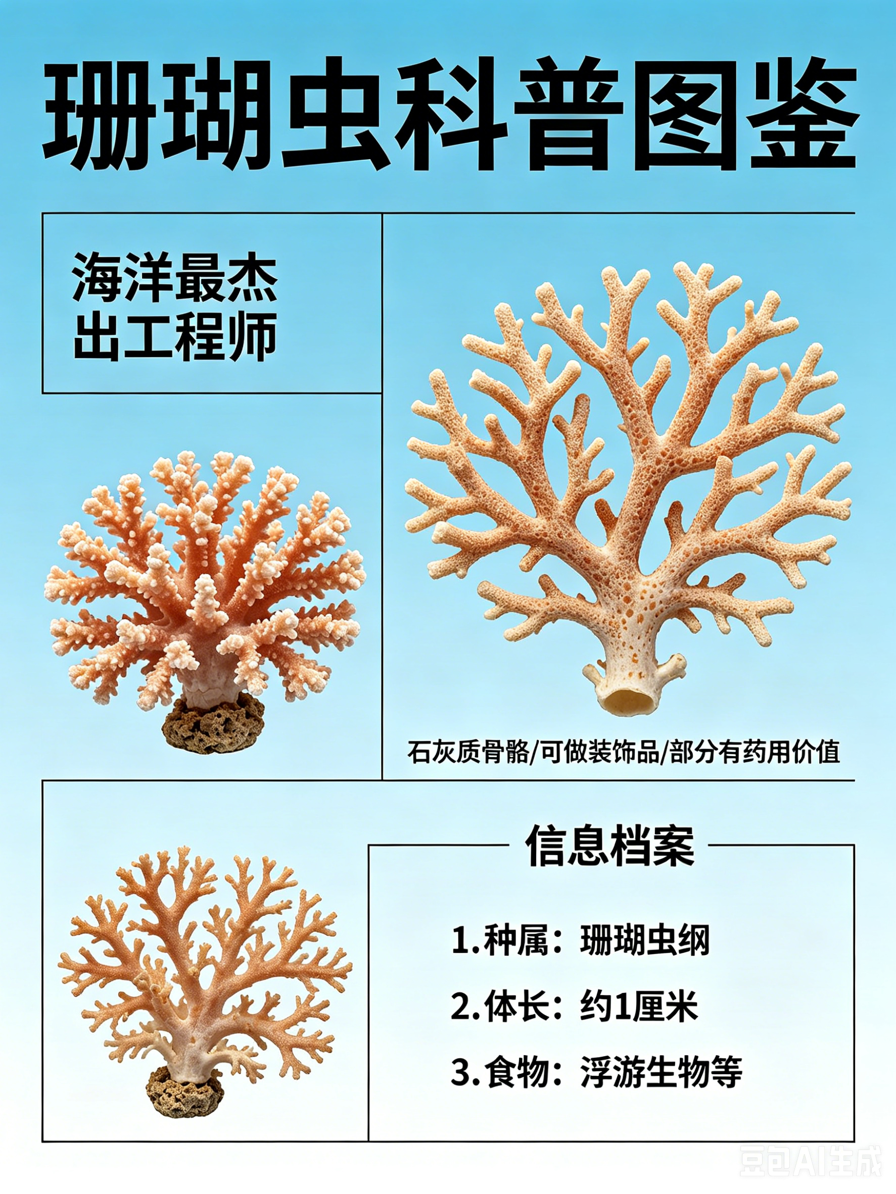 海洋朋友圈 珊瑚虫海洋档案种　属：珊瑚虫纲体　长：约1厘米食　物：浮游生物等珊瑚