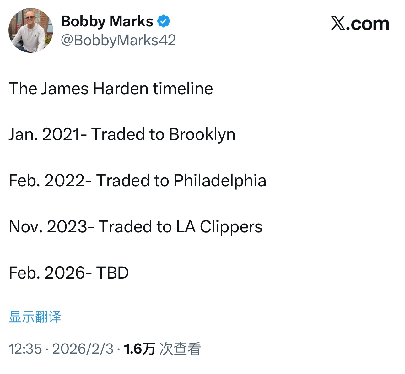 2021年至今，哈登已经三次被交易。火箭▶️篮网篮网▶️76人76人▶️快船这次