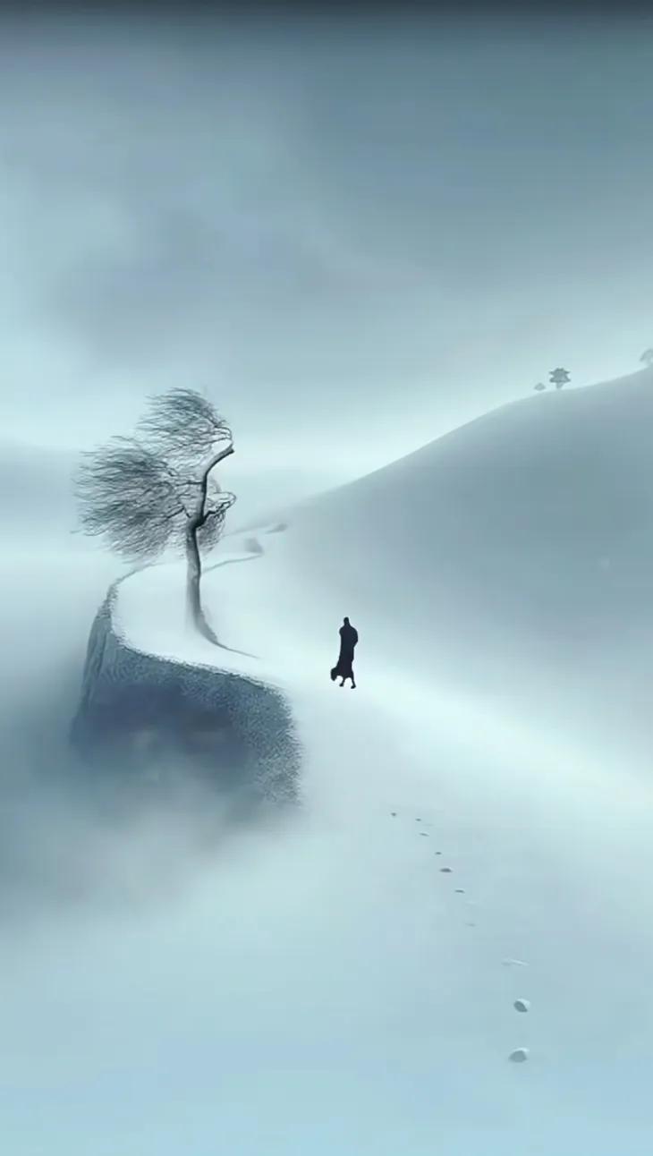 寒山孤影行，风雪夜归人。雪落旧故 遥寄枝落霜
