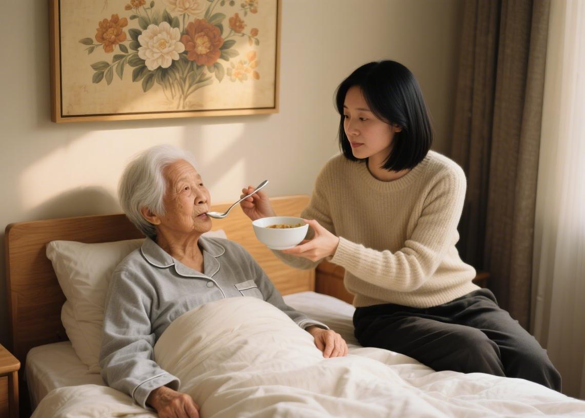 一位年轻女子坐在床前，一口一口地喂着生病的白发老人，同病房的人知道女子和老人的关