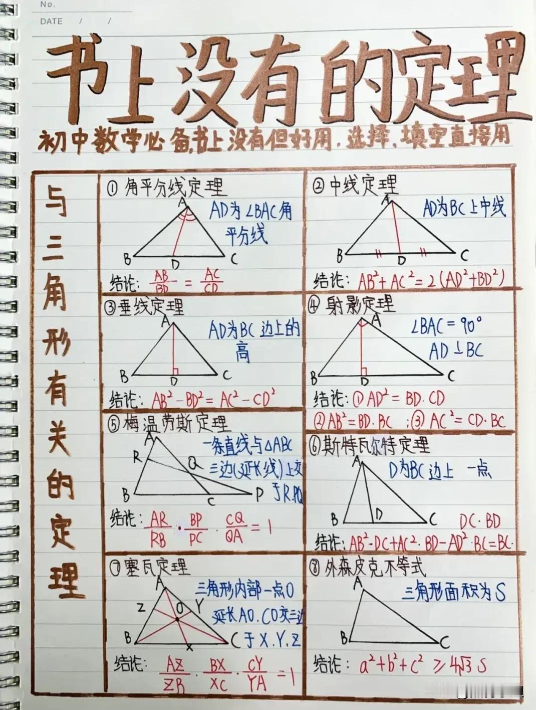 不愧是717分中考状元，把初中数学书上没有却好用的公式定理，全都整理出来了，背下