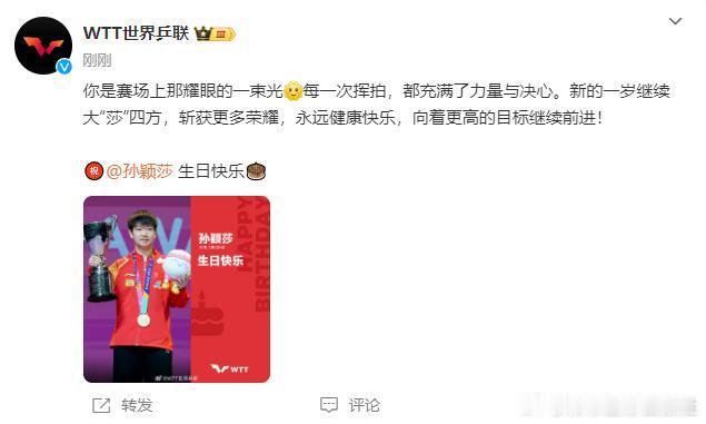 【#WTT祝孙颖莎生日快乐#】#世界乒联发文祝孙颖莎生日快乐#今天是24岁生日！