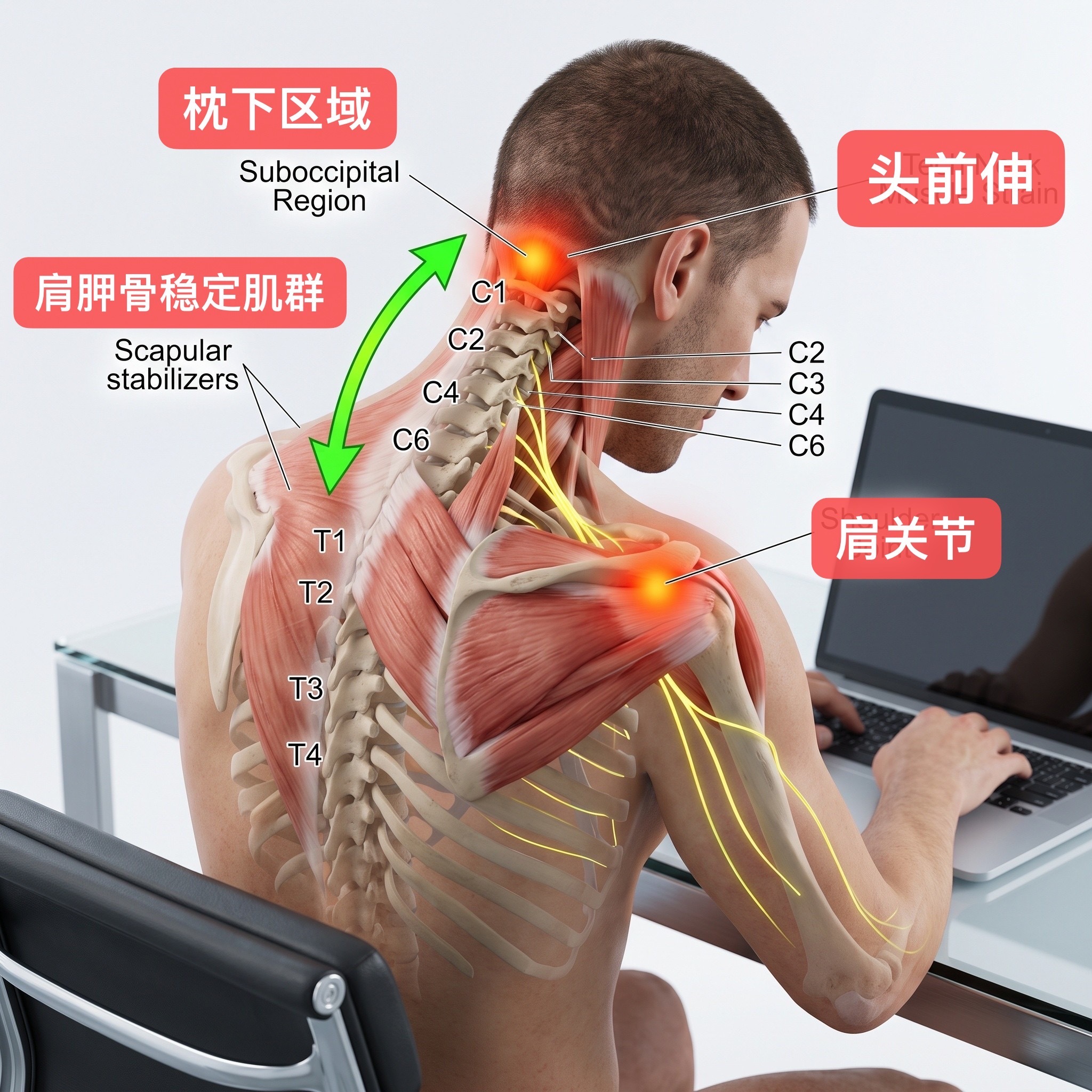 今日份的避免久坐提醒✅——当你头往前伸时，枕下区域肌肉持续紧绷——紧接着肩胛稳定