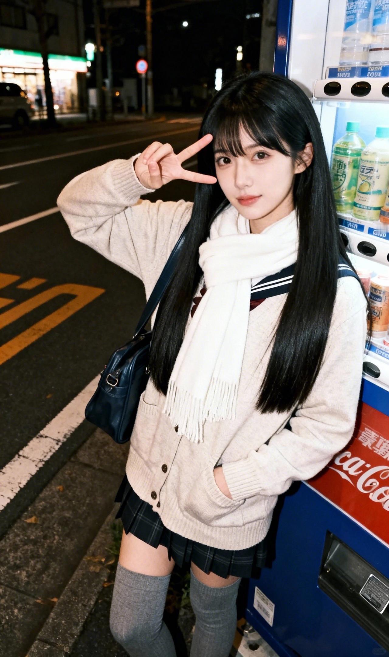 夜晚街头的少女温暖而自在。街拍.美女.穿搭.大长腿