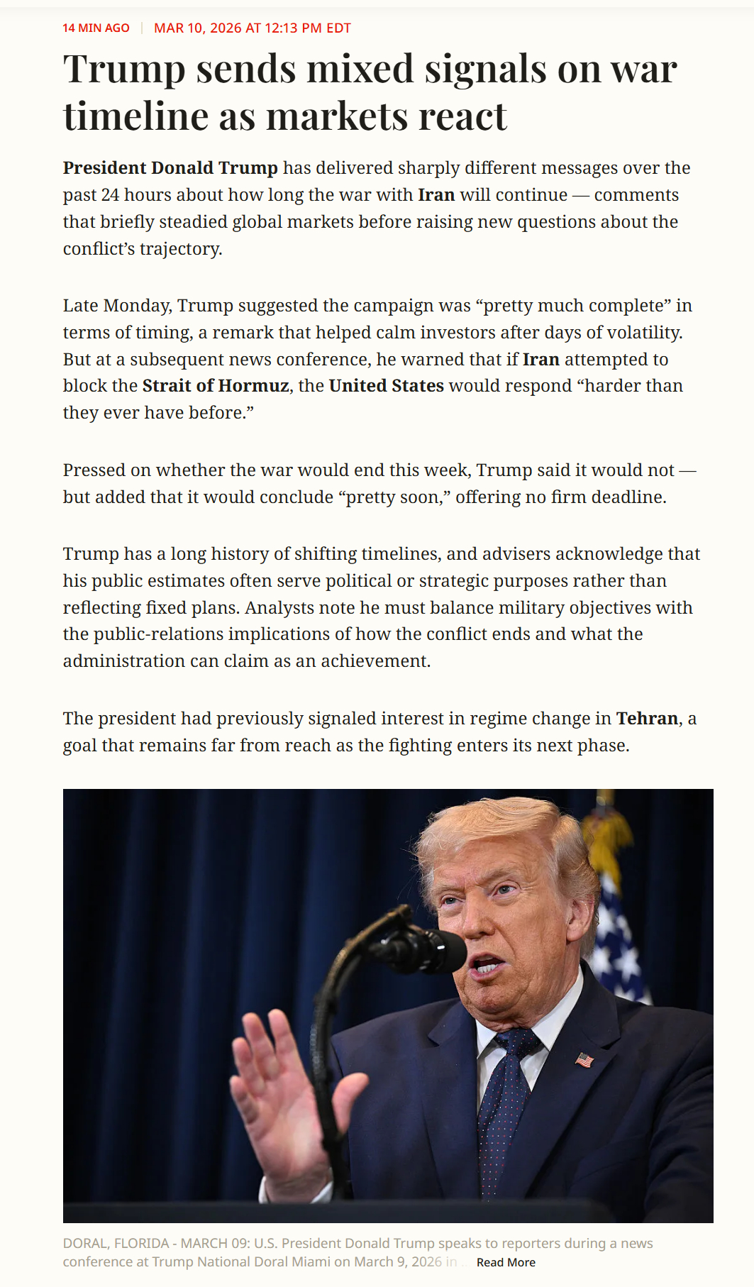 🔻美国媒体认为，过去 24 小时内，特朗普就伊朗战争将持续多久传递出截然不同的