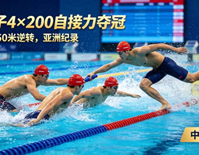 惊天逆转！男子4×200接力中国队最后50米翻盘，打破亚洲纪录夺金
