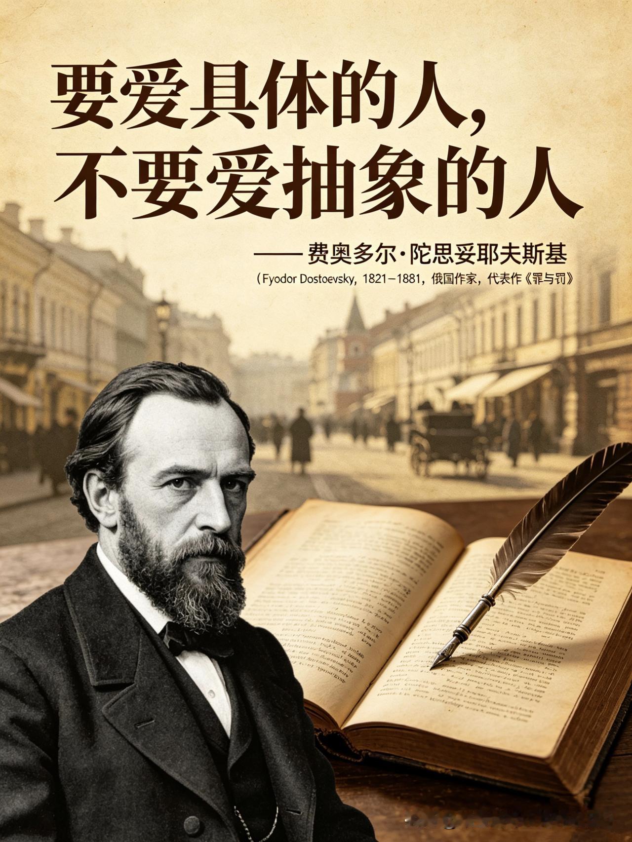 【名人名言】

要爱具体的人，不要爱抽象的人。

—— 费奥多尔·陀思妥耶夫斯基