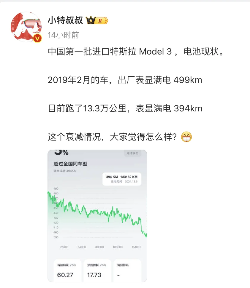 特斯拉Model 3开了13.3万公里衰减21%