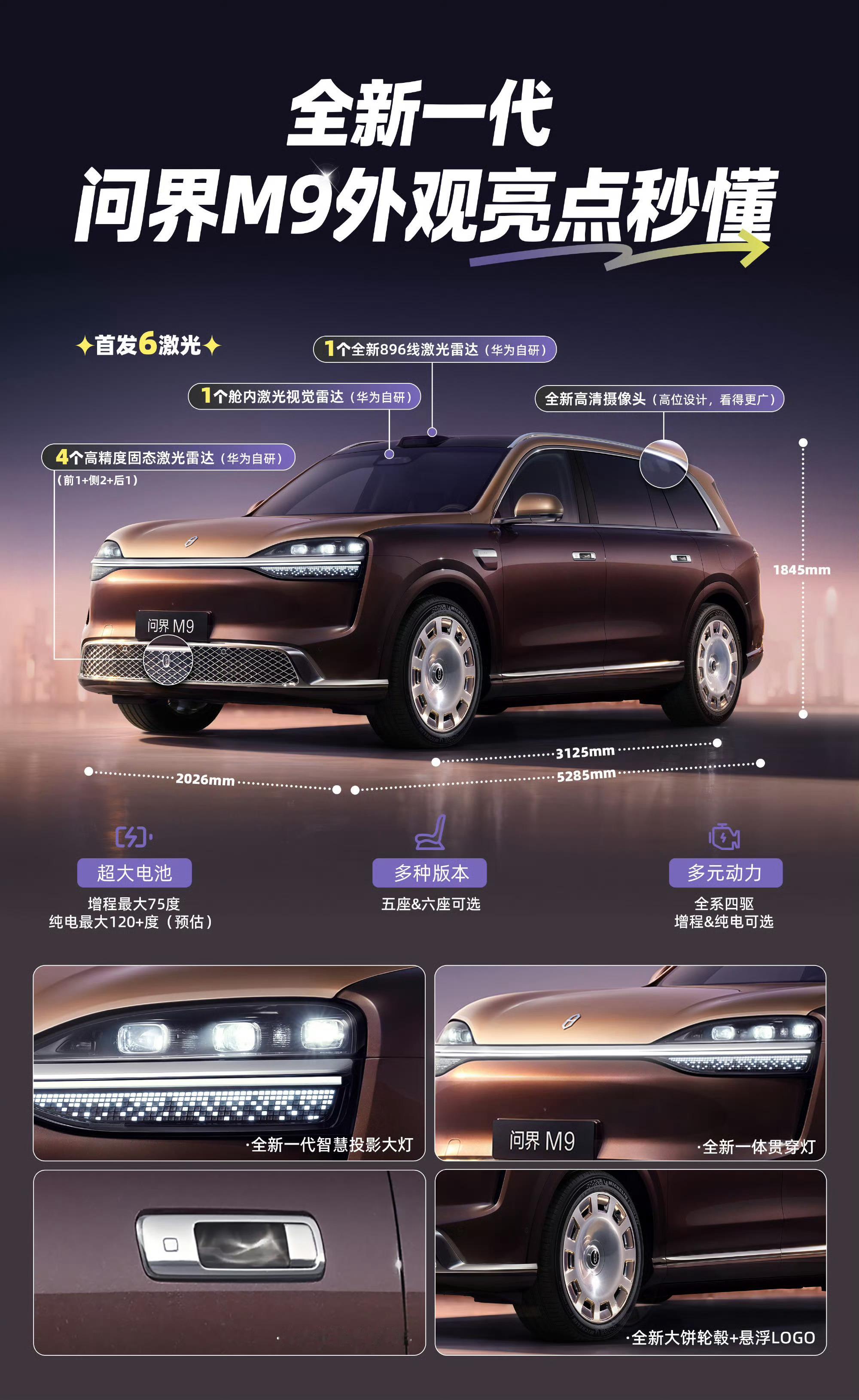 新问界M9搭载6激光雷达+全主动悬架。只能说，9系太卷了，没点硬菜，真不敢上桌啊