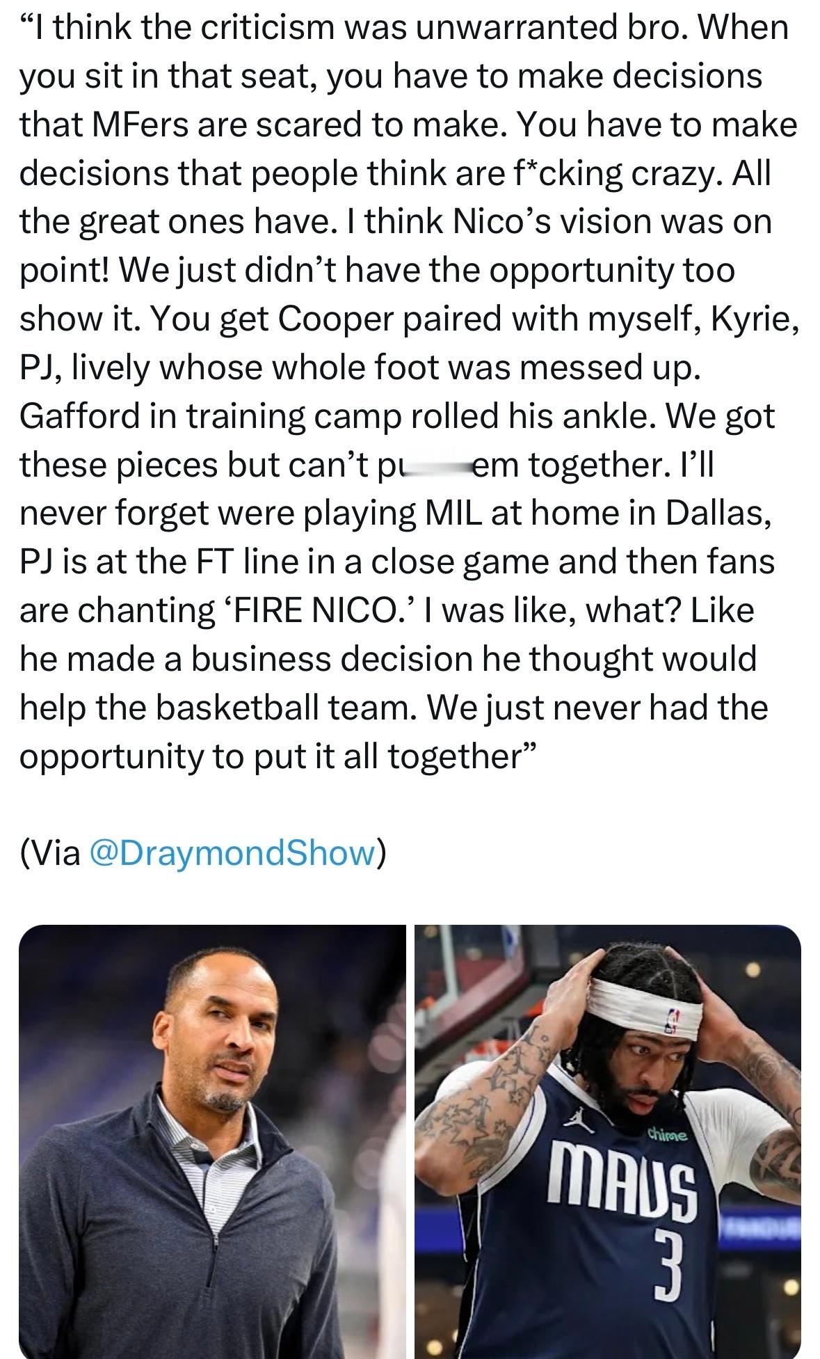 戴维斯表示，在伤病潮爆发之前，哈里森的建队思路完全没问题：“兄弟，我觉得那些批评