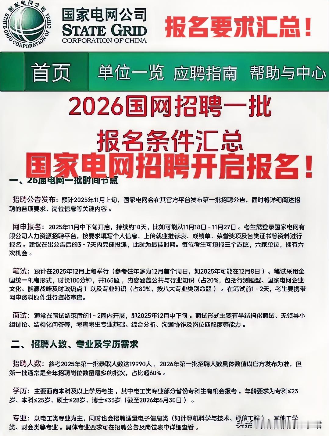 国家电网招聘一般有哪些要求? 国家电网26届招聘要求汇总合集！一图概览！报名窗口
