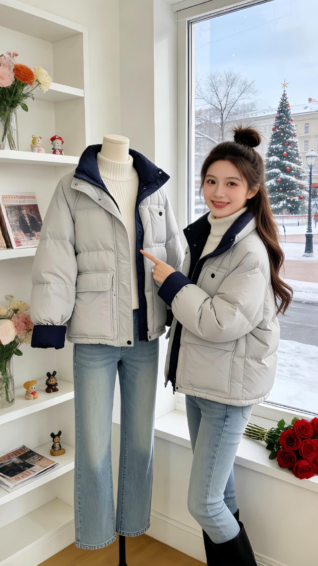 Danny的冬日棉服穿搭也太绝了！这款短款宽松撞色棉服真的挖到宝，浅灰拼藏青的设