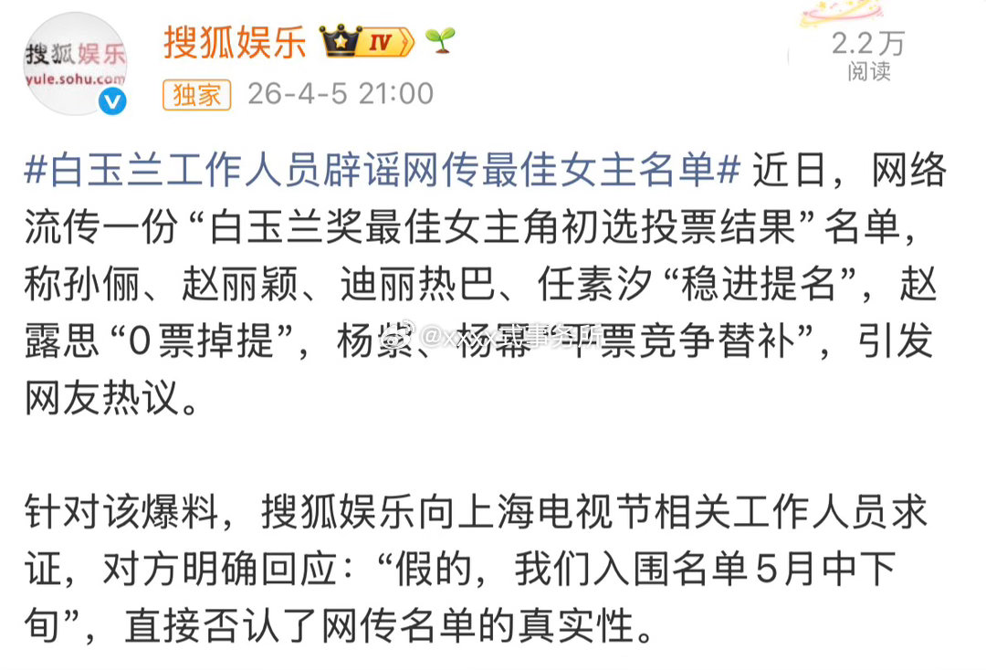白玉兰工作人员辟谣网传最佳女主名单 