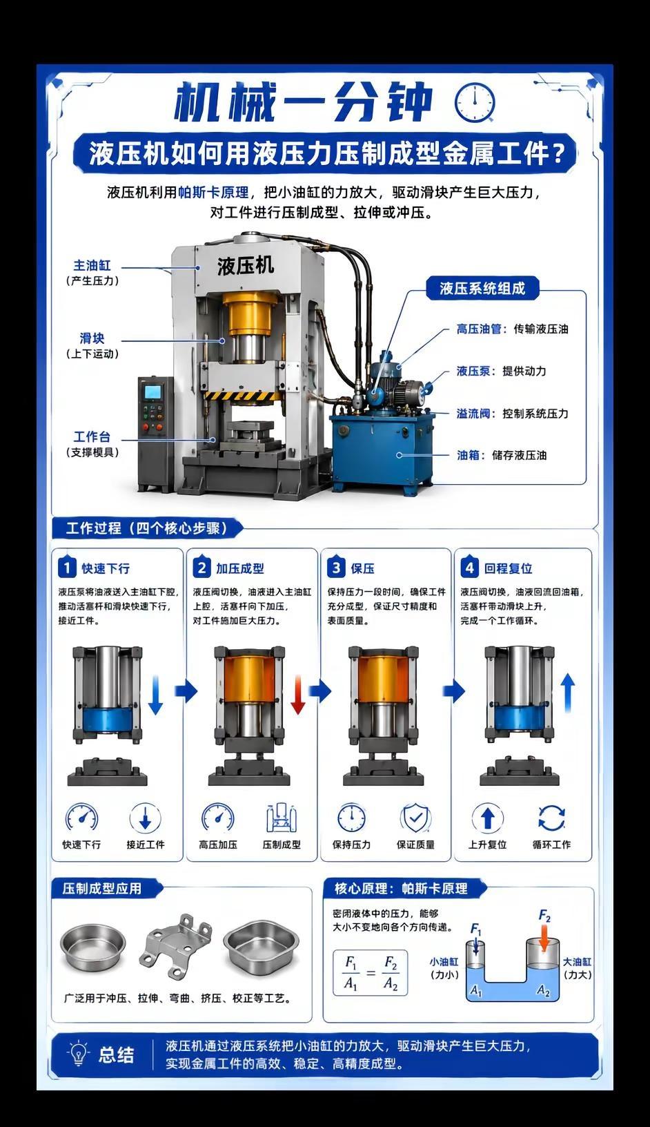 液压机为什么能用较小的液压力，压制出坚硬的金属工件？核心是帕斯卡原理：液压泵建立