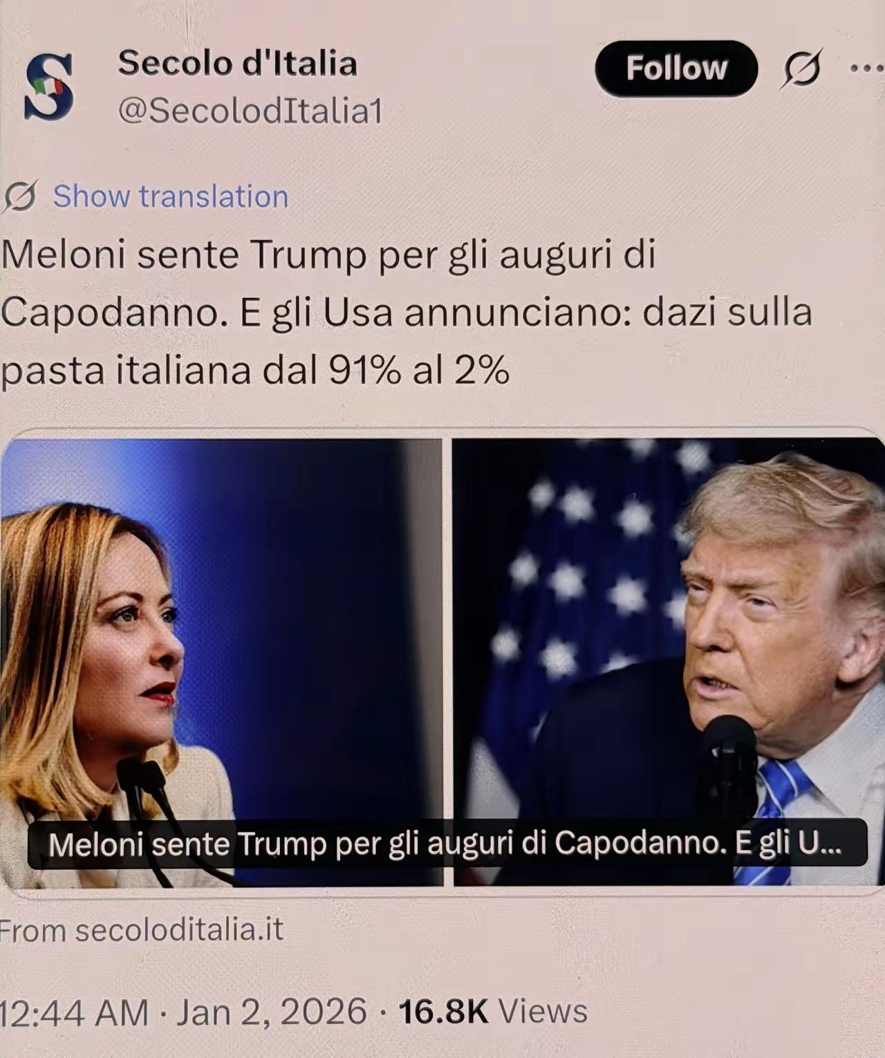 很特朗普，太意外了！
网友：梅洛尼和特朗普的一通新年祝福电话，居然让美国对意大利