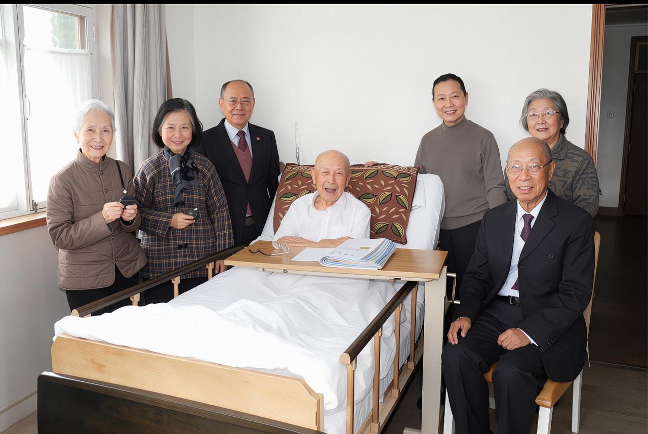 2007年12月11日，96岁钱学森生日寿宴合影。画面中间是钱学森，后排右一为夫