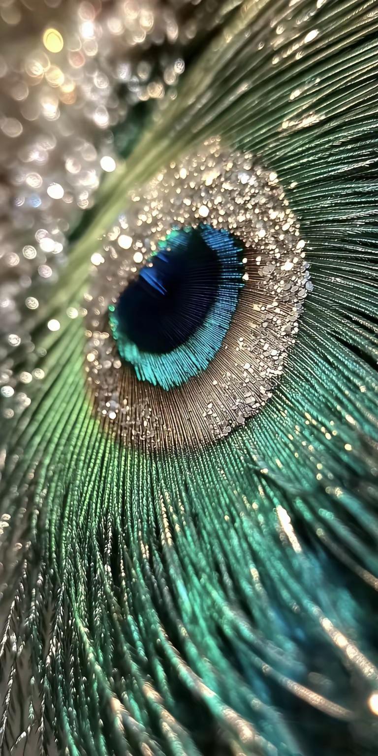 手机壁纸～翠羽流金，光影织就孔雀翎的绮丽诗篇。那一抹幽绿如林间晨雾，眼斑处的蓝紫