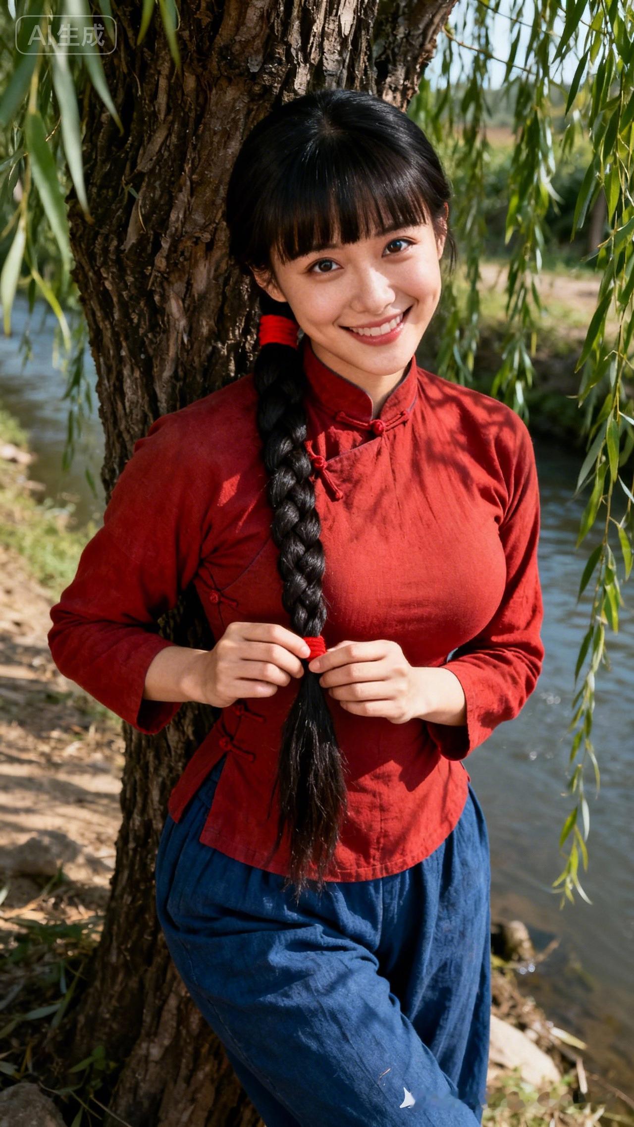 红衣少女倚树而立，笑容甜美，古典韵味十足。