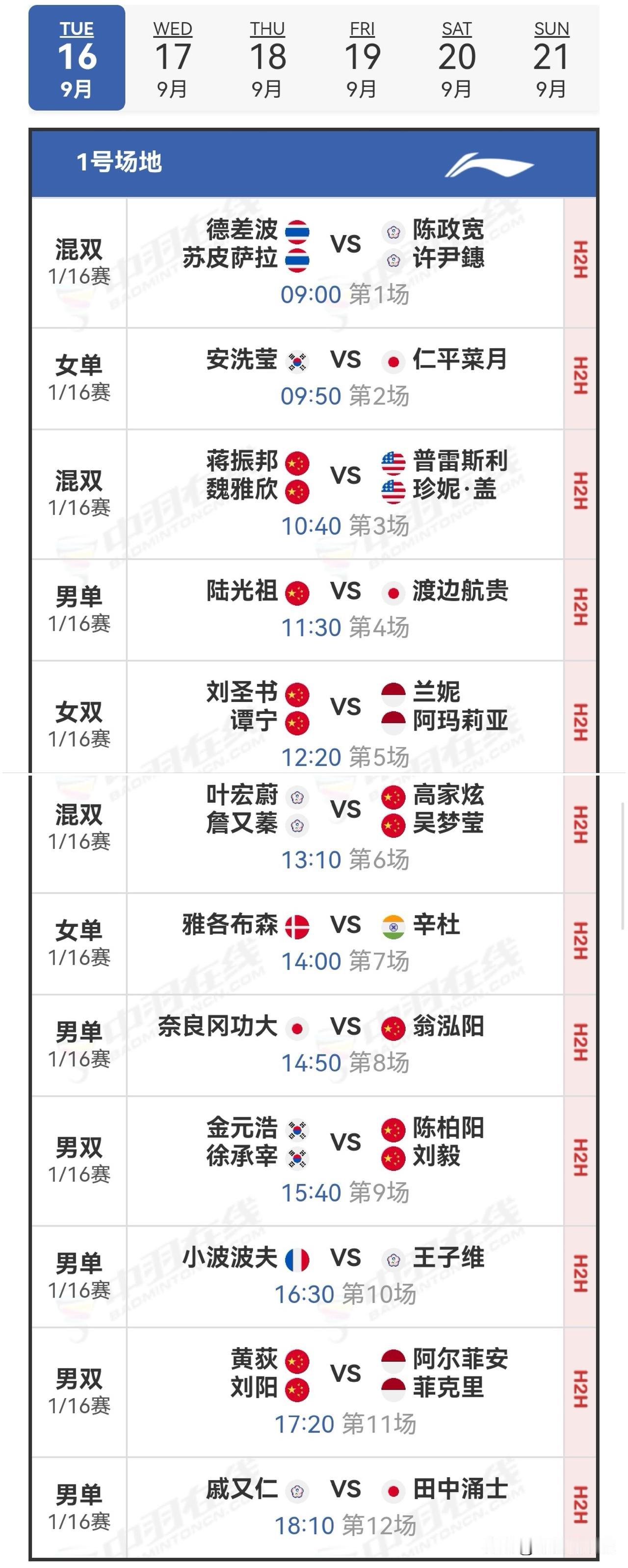 2025年9月16日中国羽毛球大师赛首日对阵安排

明日，2025年中国羽毛球大