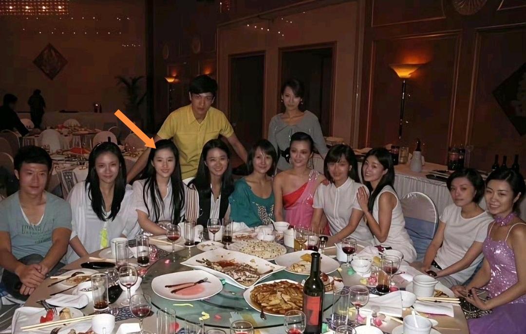 娱乐圈里一群美女在昏暗光线下围坐聚餐合影，不得不说刘亦菲的颜值是真的抗打。在这种