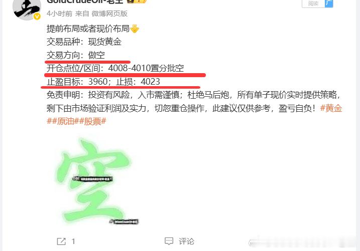 提前布局黄金4010空和4019加仓空，一直在4020位置震荡，在4019位置安
