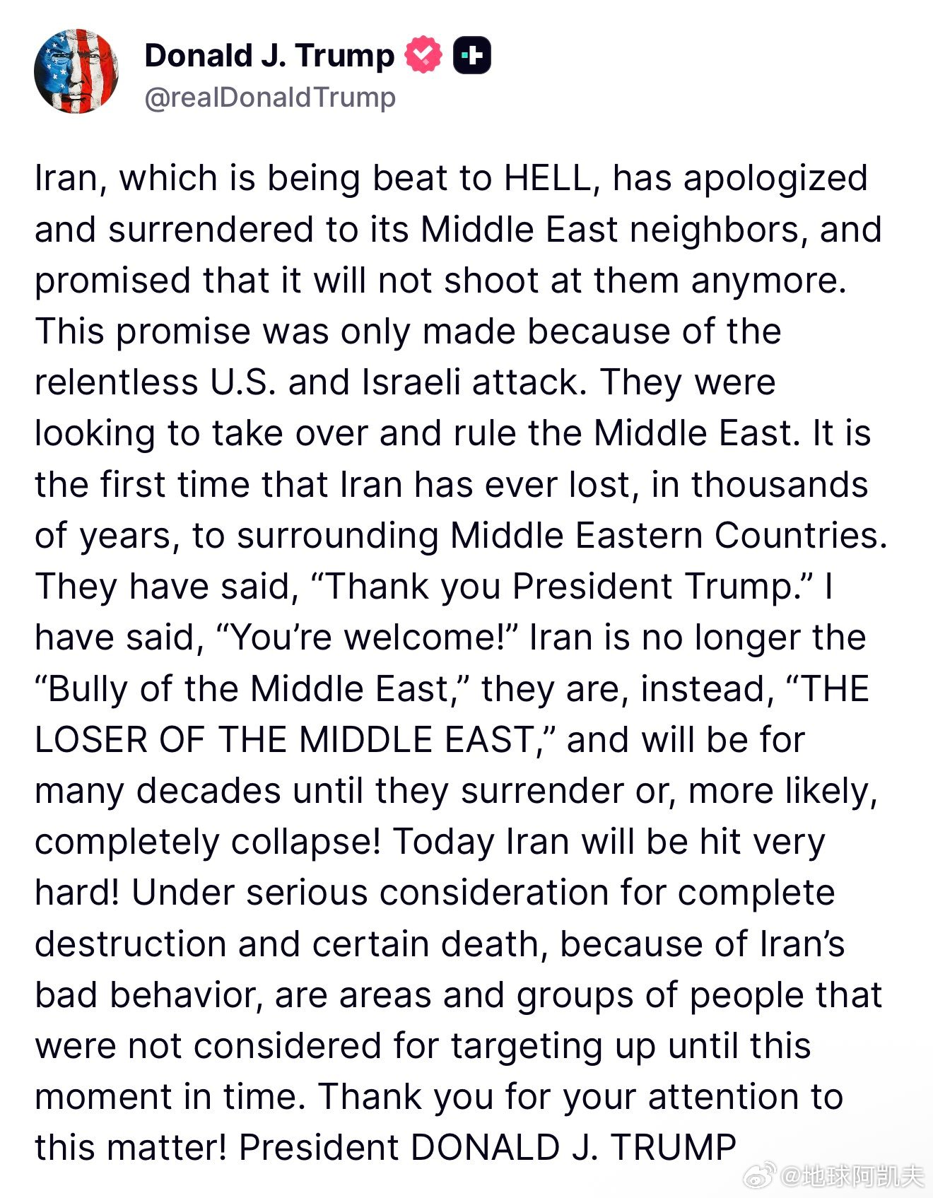 ‼️特朗普：“伊朗，这个正在被打得落花流水、送进地狱的国家，已经向它的中东邻国道