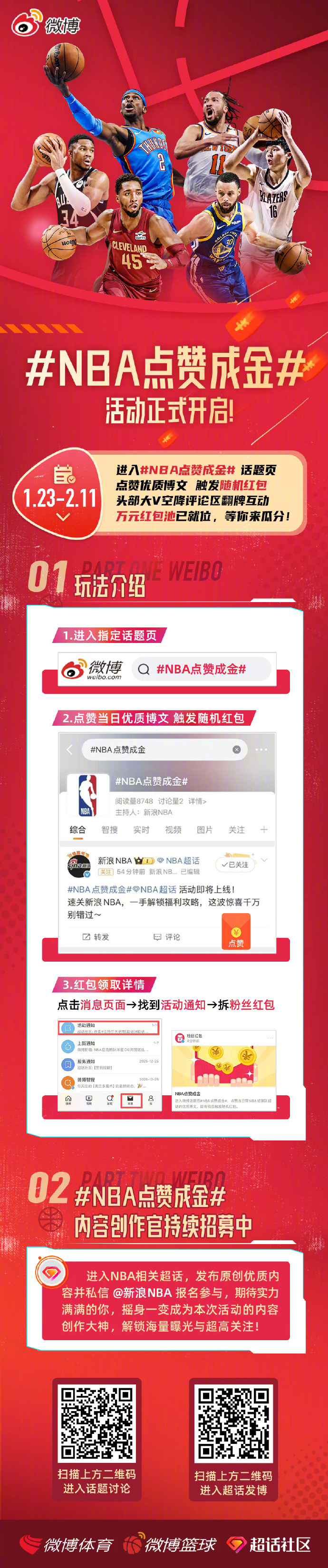 NBA1.23-2.11狂撒福利，点赞优质博文就有红包！🔍博文红包线索1️⃣进