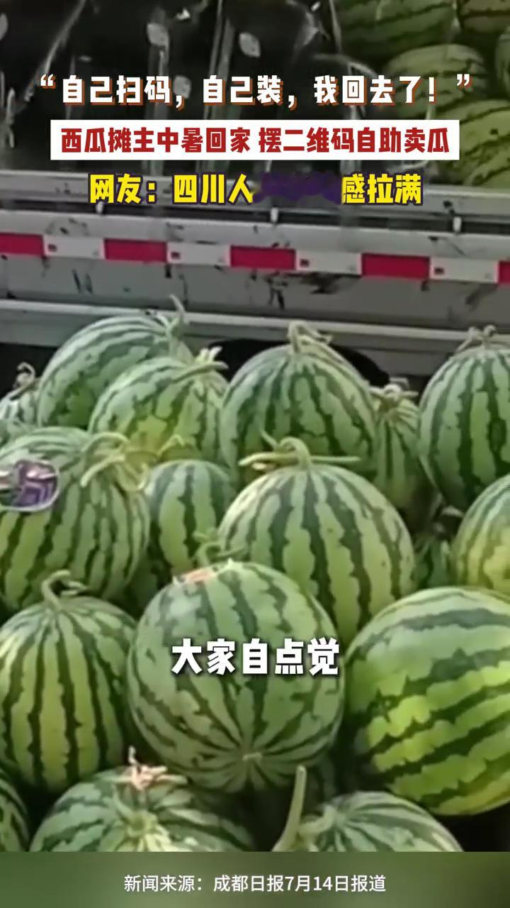 高温天西瓜摊主中暑摆出二维码自助卖瓜万一遇到下雨或者有人捣乱，这一车瓜不就全完了
