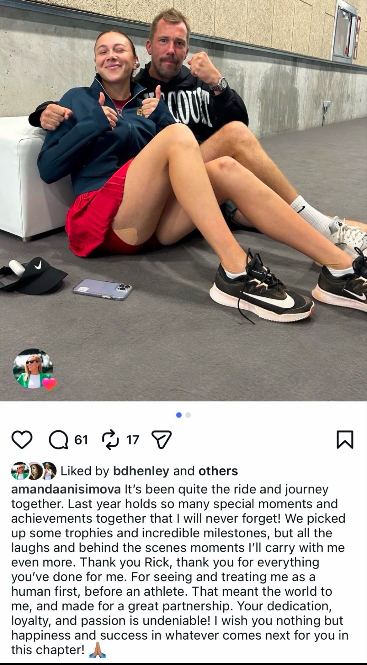 网球talking大会 阿曼达·阿尼西莫娃与教练里克·维勒舒沃斯分手。他们一起度