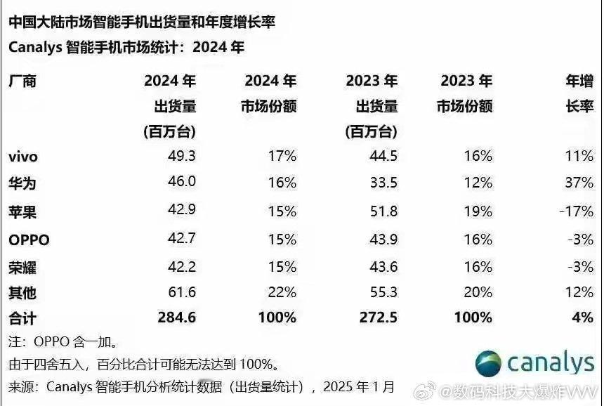 2024年中国大陆地区手机销量排行榜单，top5厂商分别为VIVO、华为、苹果、