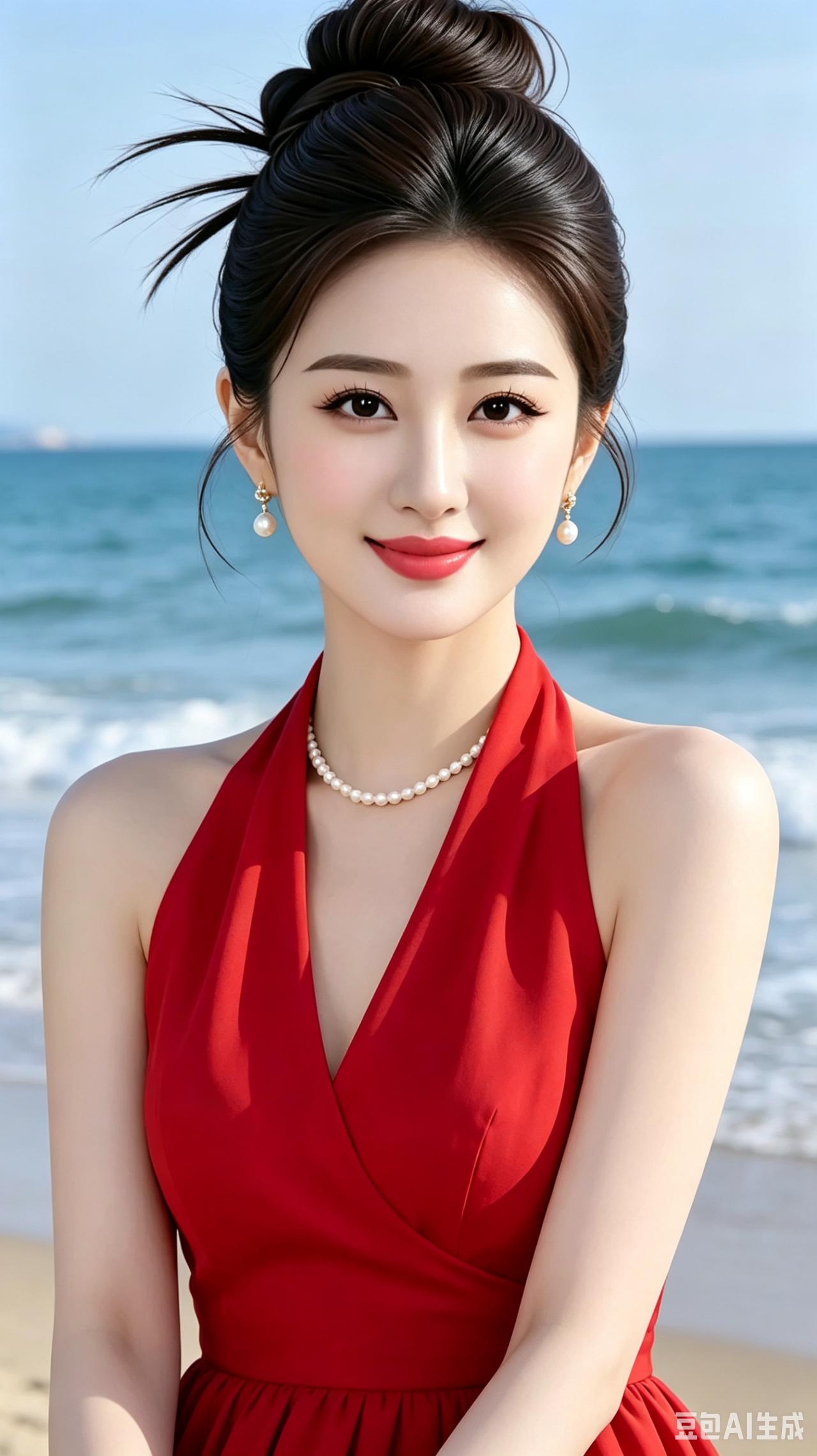 海边佳人
碧海连天霞影绯，红裙袅袅映清辉。
明眸含韵藏幽雅，珠饰轻妆衬玉腮。
静