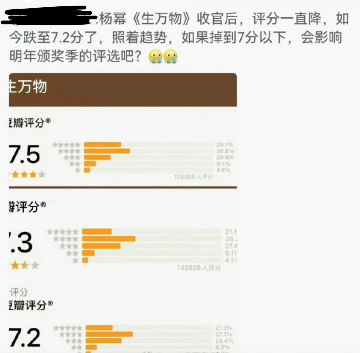 杨幂主演生万物评分从7.5掉至7.2了照这个频率，估计马上7分以下了。 ​​​