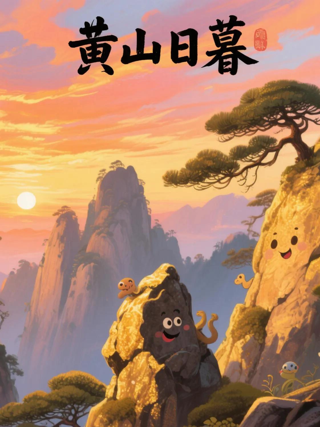 黄山日暮时分，怪石披金诉说传奇，奇松映霞尽显风骨，美到令人窒息。黄山的落日 黄山