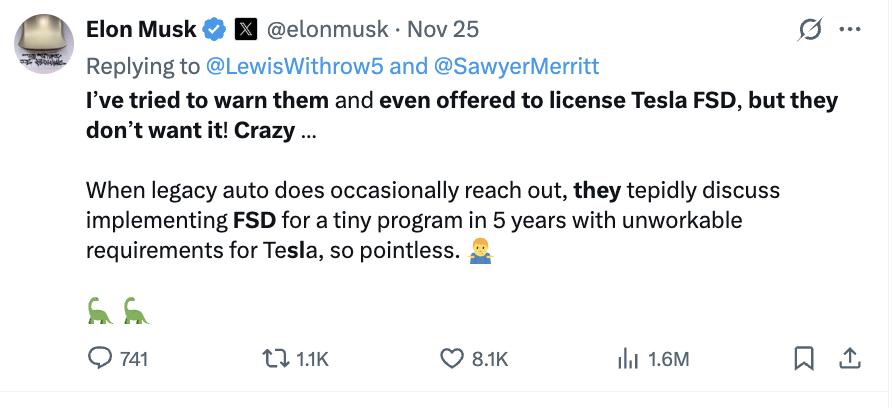 马斯克承认了，没有车企想要FSD授权
特斯拉的定位从来都不是一家汽车制造商，而是