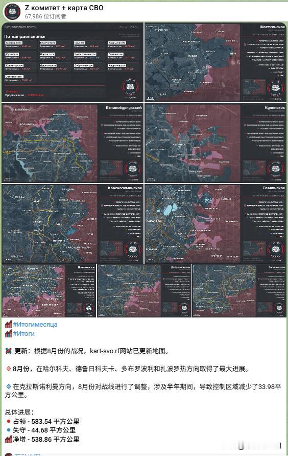 整个8月份的俄军领土收益，老Z统计的是 538.86 平方公里
但是面积体现不出