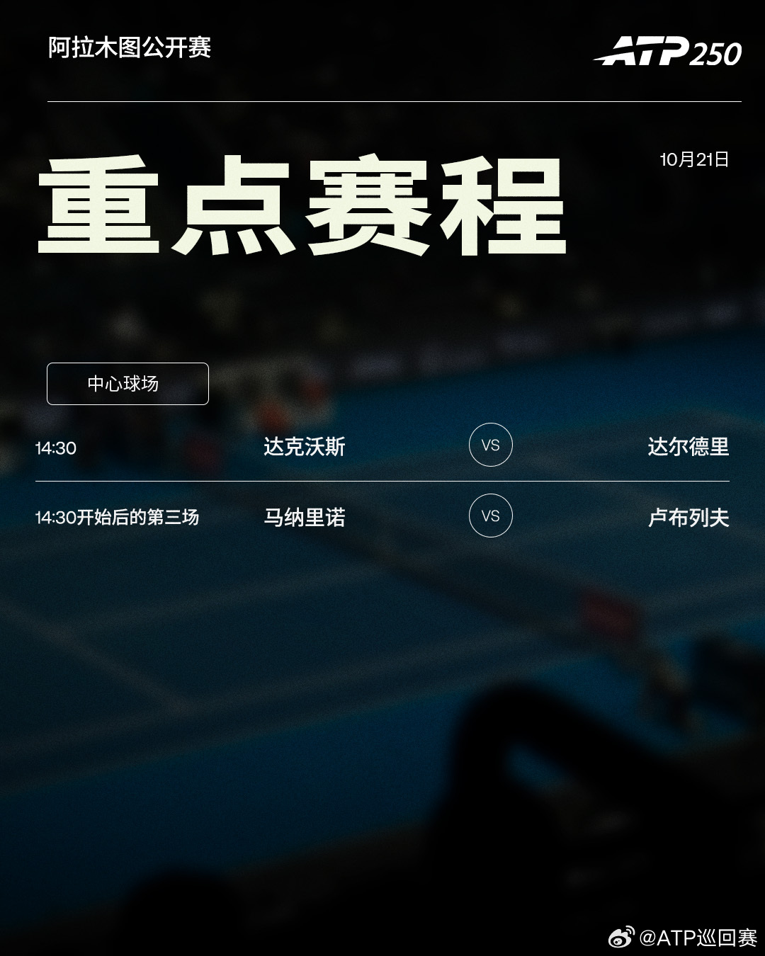 📅今日赛程如下，三站ATP250 赛事第二轮开打，张之臻与周意将在广州上演焦点