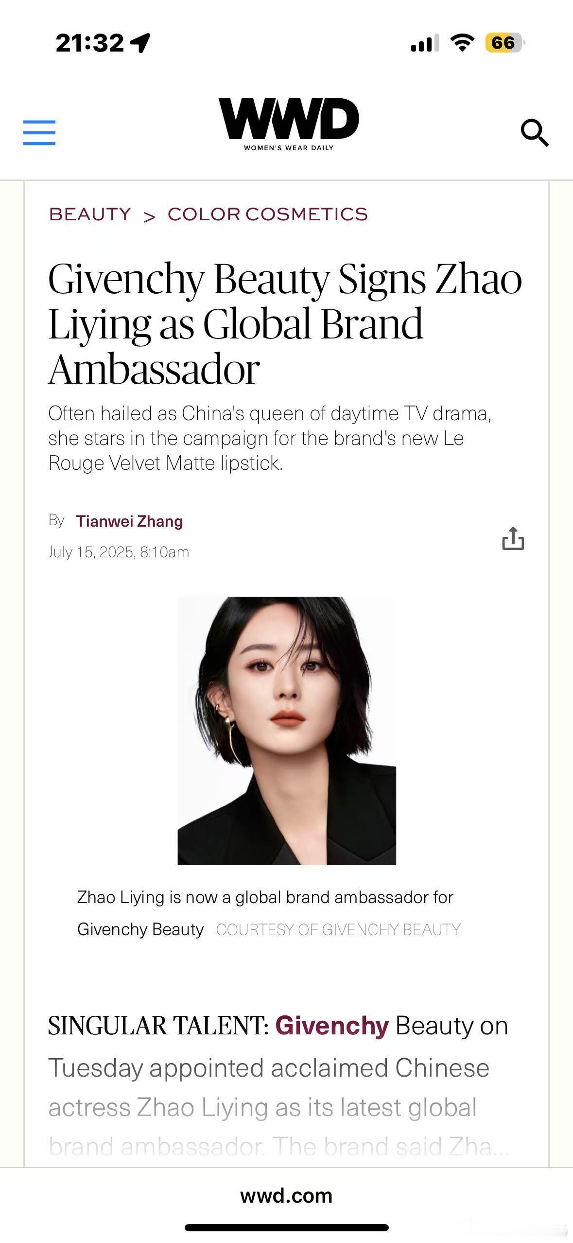WWD报道Givenchy Beauty Signs Zhao Liying a